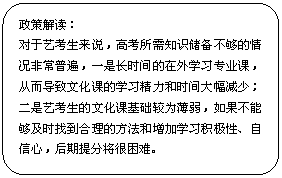 流程圖: 可選過程: 政策解讀：
對于藝考生來說，高考所需知識儲備不夠的情況非常普遍，一是長時間的在外學(xué)習(xí)專業(yè)課，從而導(dǎo)致文化課的學(xué)習(xí)精力和時間大幅減少；二是藝考生的文化課基礎(chǔ)較為薄弱，如果不能夠及時找到合理的方法和增加學(xué)習(xí)積極性、自信心，后期提分將很困難。




信心
